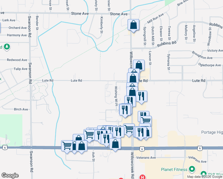 map of restaurants, bars, coffee shops, grocery stores, and more near 5909 Lute Road in Portage
