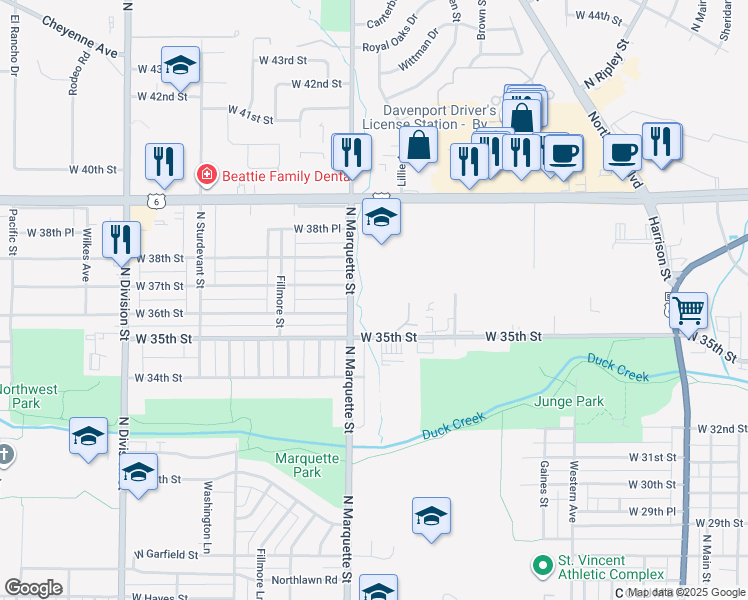 map of restaurants, bars, coffee shops, grocery stores, and more near 3575 North Marquette Street in Davenport
