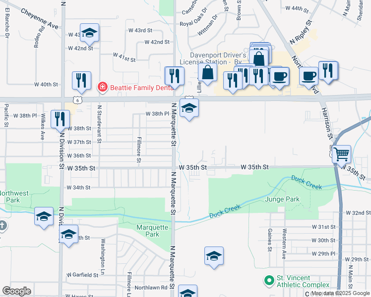 map of restaurants, bars, coffee shops, grocery stores, and more near 3575 North Marquette Street in Davenport