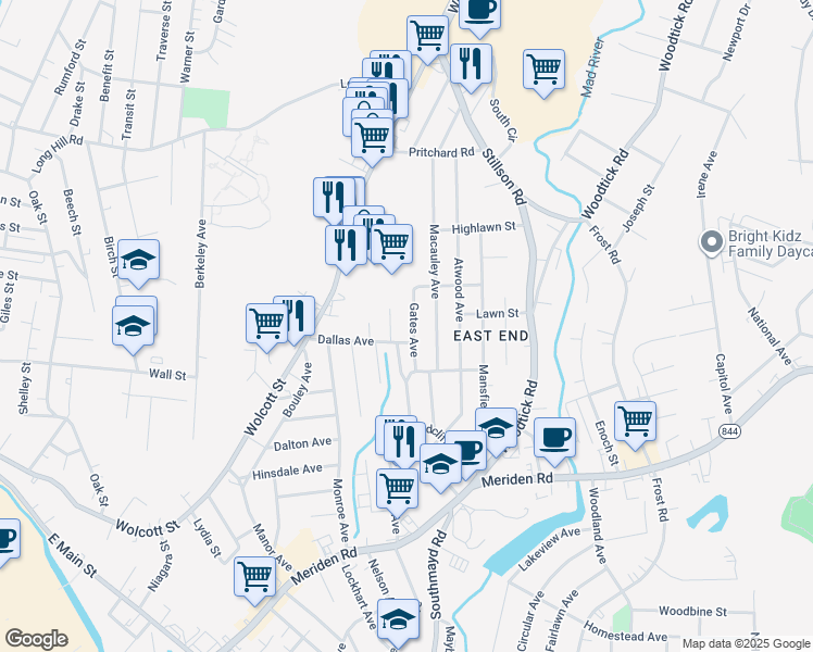 map of restaurants, bars, coffee shops, grocery stores, and more near 72 Gates Avenue in Waterbury