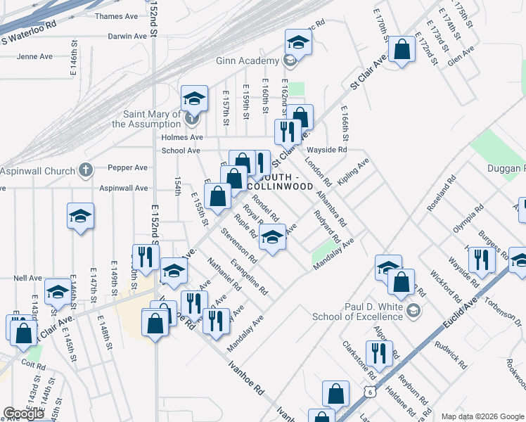 map of restaurants, bars, coffee shops, grocery stores, and more near 824 Whitcomb Road in Cleveland