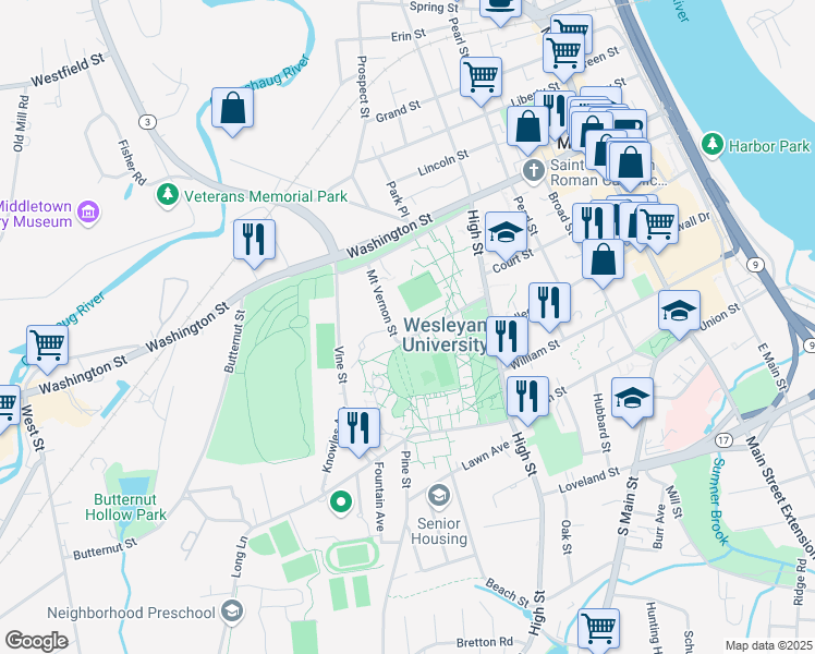map of restaurants, bars, coffee shops, grocery stores, and more near 70 Wyllys Avenue in Middletown