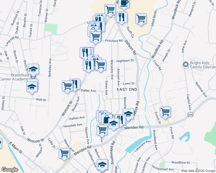 map of restaurants, bars, coffee shops, grocery stores, and more near 72 Gates Avenue in Waterbury