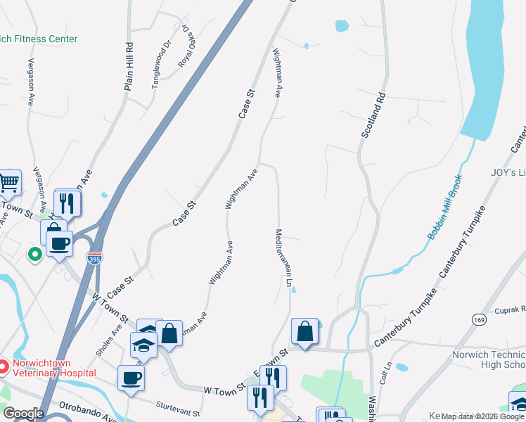 map of restaurants, bars, coffee shops, grocery stores, and more near 622 Old Pond Lane in Norwich