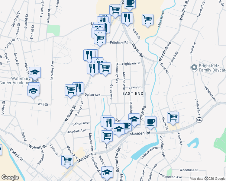 map of restaurants, bars, coffee shops, grocery stores, and more near 72 Gates Avenue in Waterbury