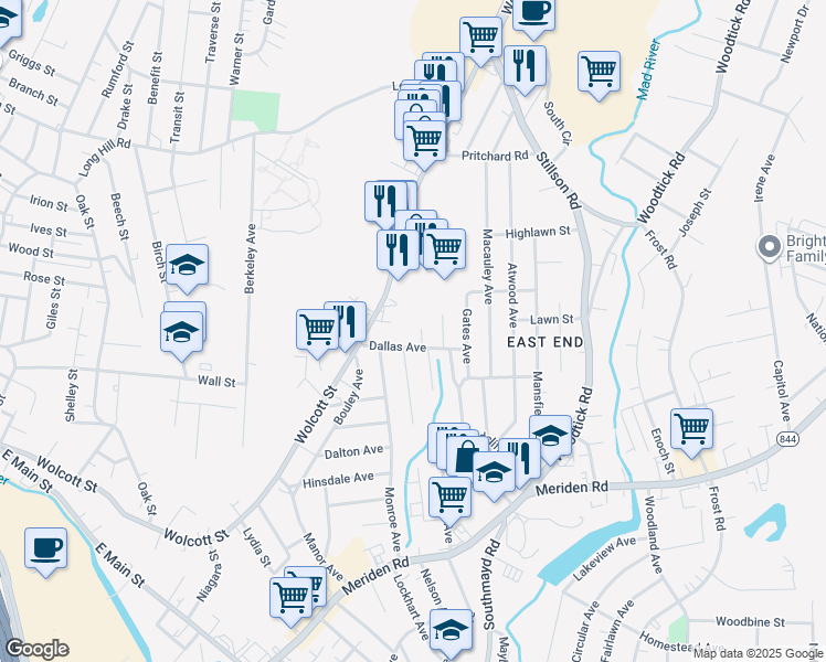 map of restaurants, bars, coffee shops, grocery stores, and more near 27 Lyndale Avenue in Waterbury