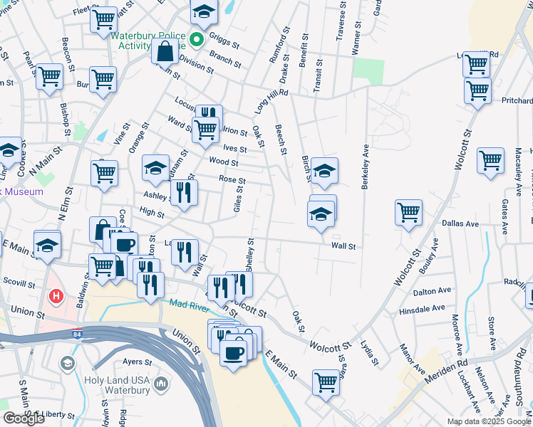 map of restaurants, bars, coffee shops, grocery stores, and more near 123 Shelley Street in Waterbury