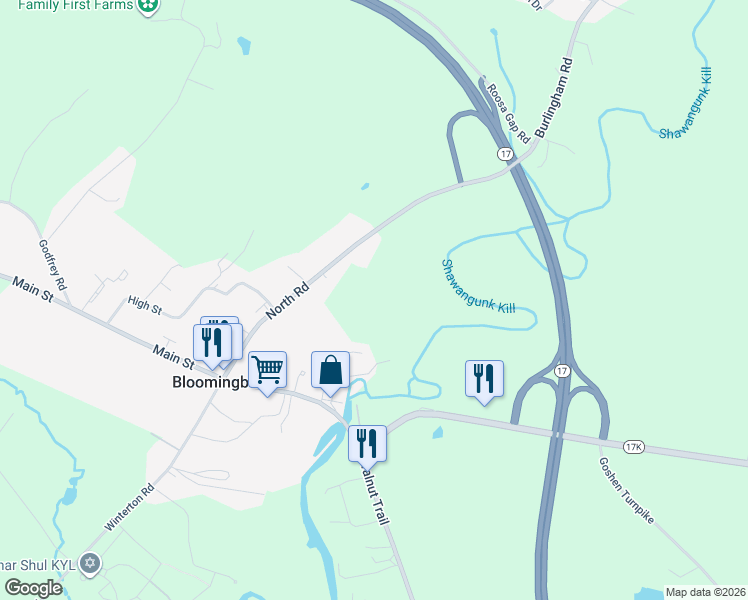 map of restaurants, bars, coffee shops, grocery stores, and more near 84 County Road 61 in Bloomingburg