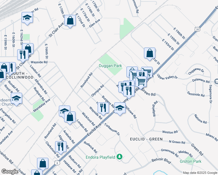 map of restaurants, bars, coffee shops, grocery stores, and more near 18117 Olympia Road in Cleveland