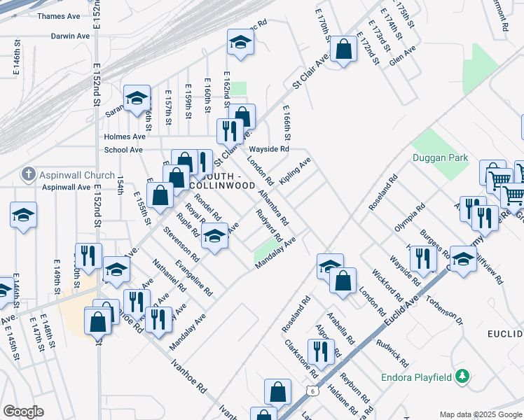 map of restaurants, bars, coffee shops, grocery stores, and more near 858 Alhambra Road in Cleveland