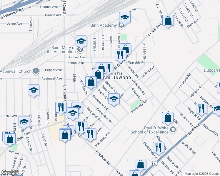 map of restaurants, bars, coffee shops, grocery stores, and more near 824 Whitcomb Road in Cleveland