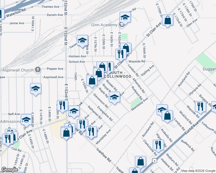 map of restaurants, bars, coffee shops, grocery stores, and more near 15706 Saint Clair Avenue in Cleveland