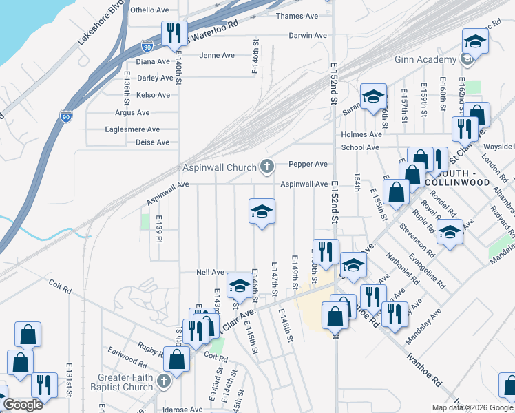map of restaurants, bars, coffee shops, grocery stores, and more near 821 East 146th Street in Cleveland
