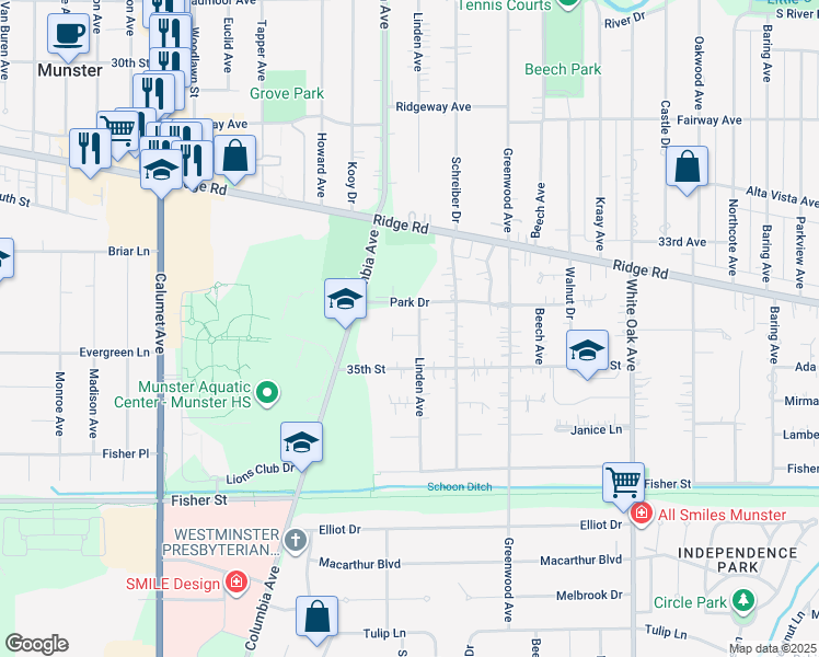 map of restaurants, bars, coffee shops, grocery stores, and more near 1210 Park Dr in Munster
