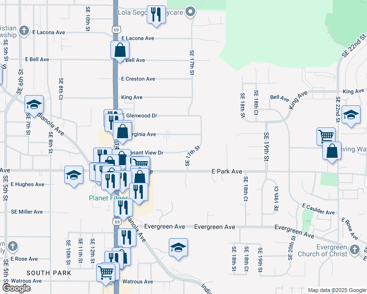 map of restaurants, bars, coffee shops, grocery stores, and more near 1615 East Virginia Avenue in Des Moines