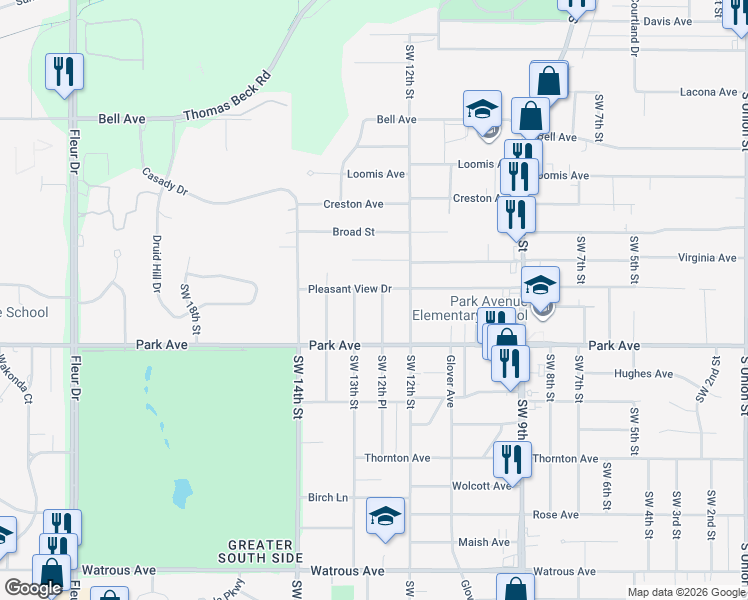 map of restaurants, bars, coffee shops, grocery stores, and more near 1209 Pleasant View Drive in Des Moines