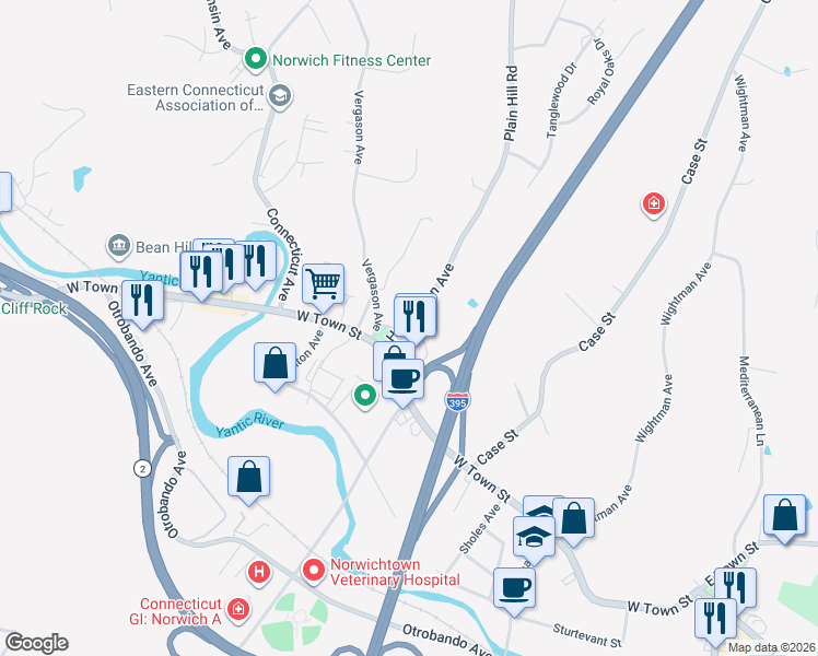 map of restaurants, bars, coffee shops, grocery stores, and more near 21 Huntington Avenue in Norwich
