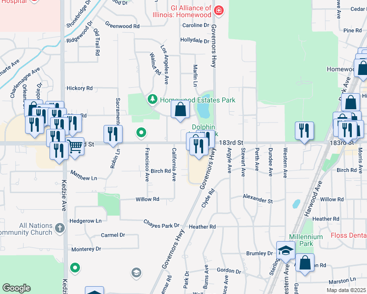 map of restaurants, bars, coffee shops, grocery stores, and more near 18310 Cherry Creek Drive in Homewood
