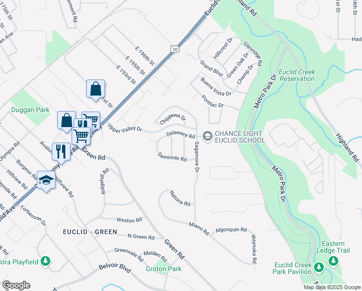 map of restaurants, bars, coffee shops, grocery stores, and more near 1930 Seneca Road in Euclid