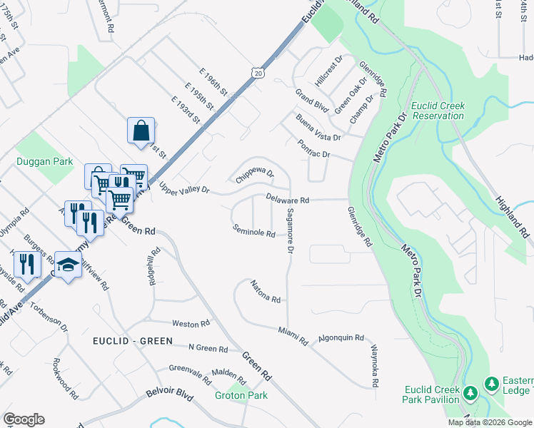 map of restaurants, bars, coffee shops, grocery stores, and more near 1930 Seneca Road in Euclid