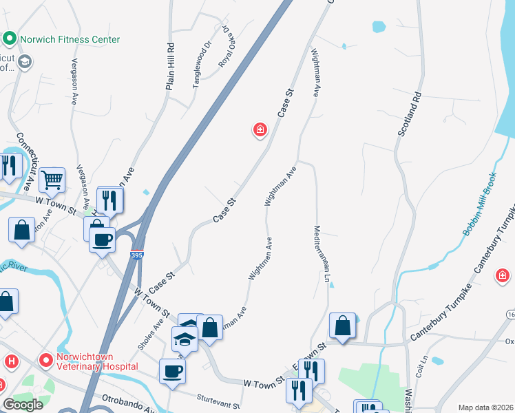map of restaurants, bars, coffee shops, grocery stores, and more near 118 Wightman Avenue in Norwich