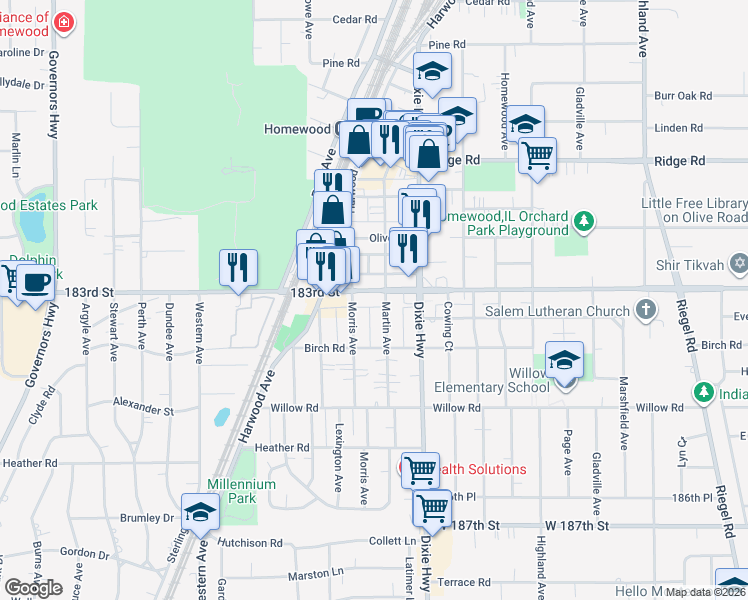 map of restaurants, bars, coffee shops, grocery stores, and more near 2054 183rd Street in Homewood