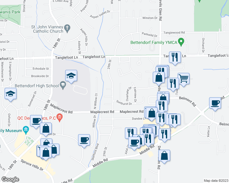 map of restaurants, bars, coffee shops, grocery stores, and more near 3395 29th Street in Bettendorf