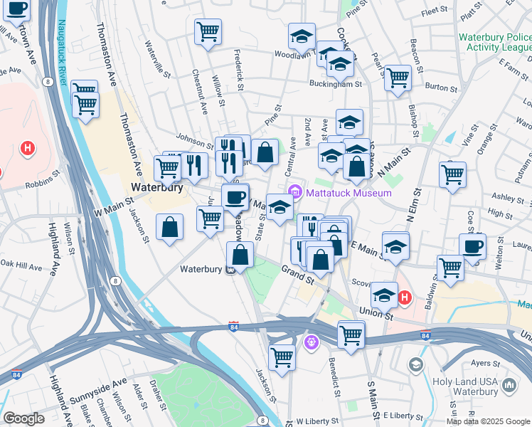 map of restaurants, bars, coffee shops, grocery stores, and more near 229 West Main Street in Waterbury