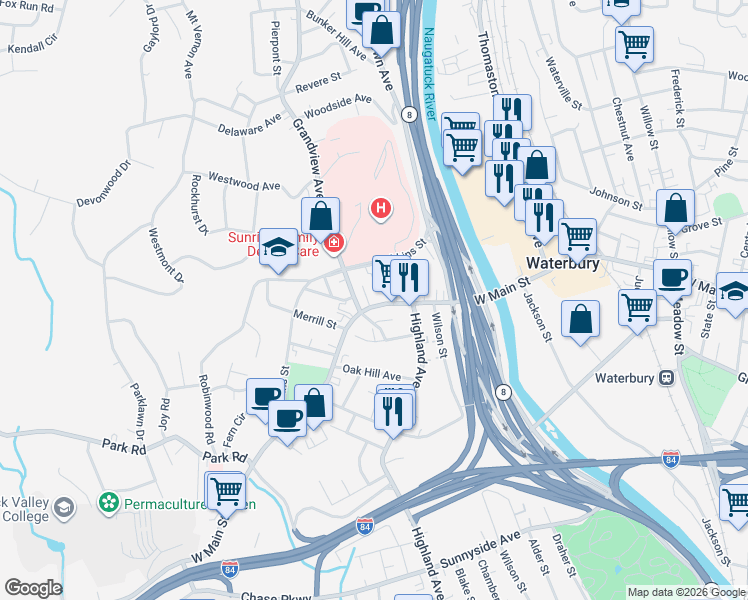 map of restaurants, bars, coffee shops, grocery stores, and more near 1042 West Main Street in Waterbury
