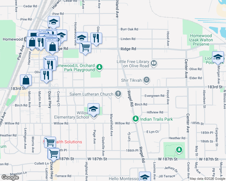 map of restaurants, bars, coffee shops, grocery stores, and more near 1638 183rd Street in Homewood