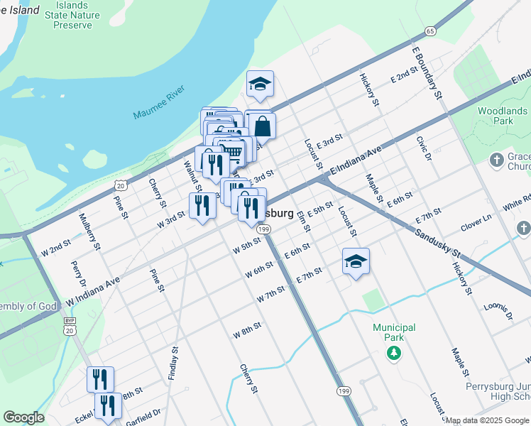 map of restaurants, bars, coffee shops, grocery stores, and more near in Perrysburg