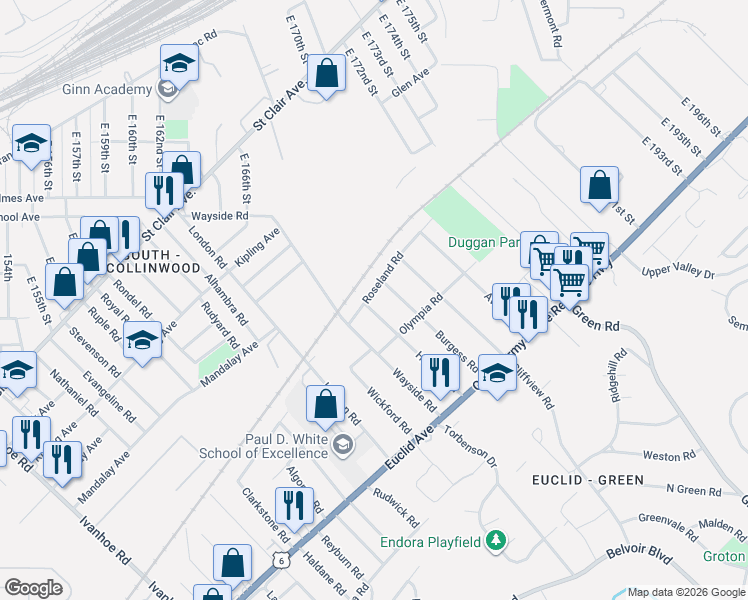 map of restaurants, bars, coffee shops, grocery stores, and more near 1644 Burgess Road in Cleveland