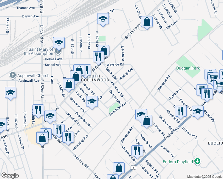 map of restaurants, bars, coffee shops, grocery stores, and more near 858 Alhambra Road in Cleveland
