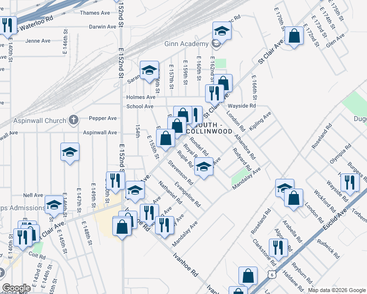 map of restaurants, bars, coffee shops, grocery stores, and more near 15706 Saint Clair Avenue in Cleveland