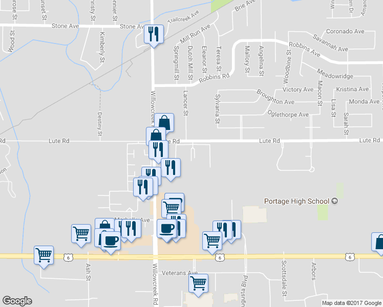 map of restaurants, bars, coffee shops, grocery stores, and more near 6071 Lute Road in Portage