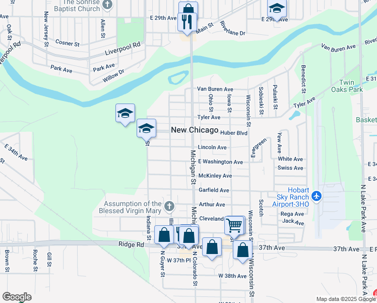 map of restaurants, bars, coffee shops, grocery stores, and more near 3315 Michigan Street in New Chicago