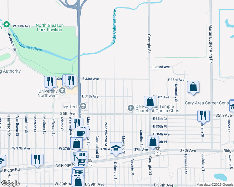 map of restaurants, bars, coffee shops, grocery stores, and more near 3357 Delaware Street in Gary