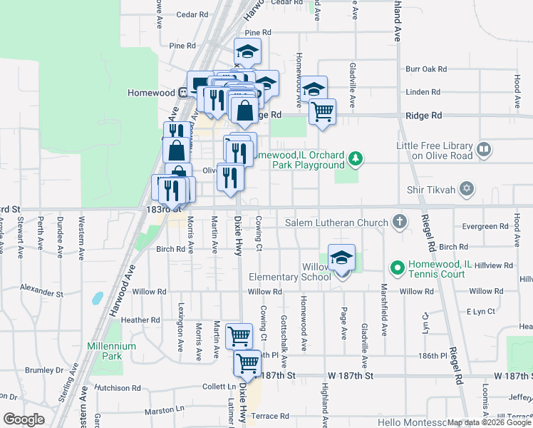 map of restaurants, bars, coffee shops, grocery stores, and more near 1900 183rd Street in Homewood