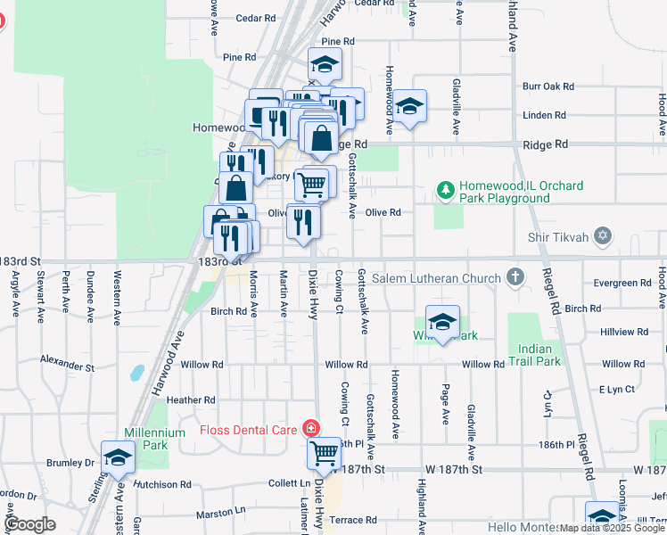 map of restaurants, bars, coffee shops, grocery stores, and more near 1940 183rd Street in Homewood