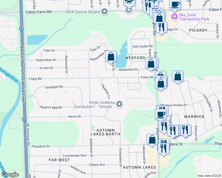 map of restaurants, bars, coffee shops, grocery stores, and more near 1926 Heather Lane in Joliet