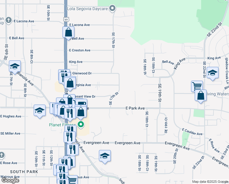 map of restaurants, bars, coffee shops, grocery stores, and more near 2951 Southeast 17th Street in Des Moines