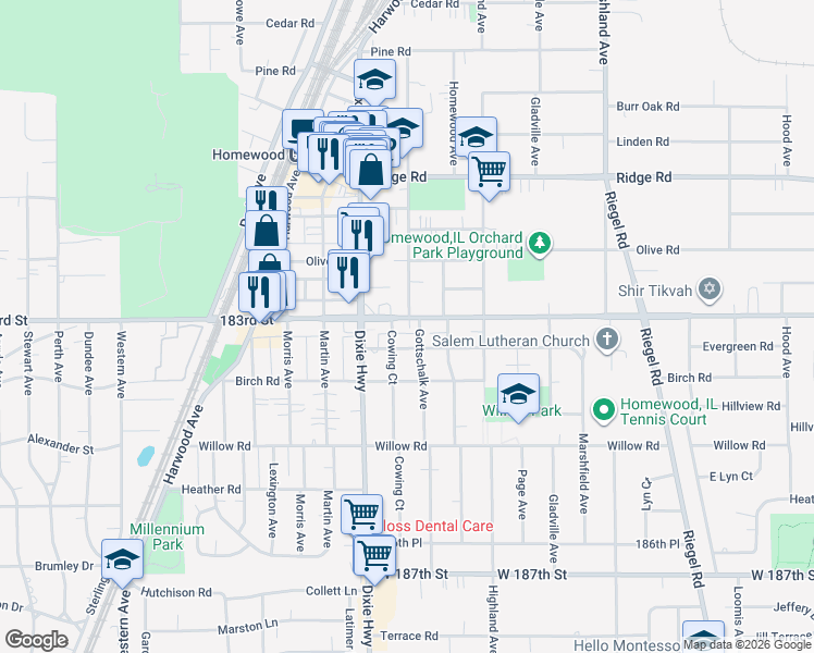 map of restaurants, bars, coffee shops, grocery stores, and more near 1900 183rd Street in Homewood