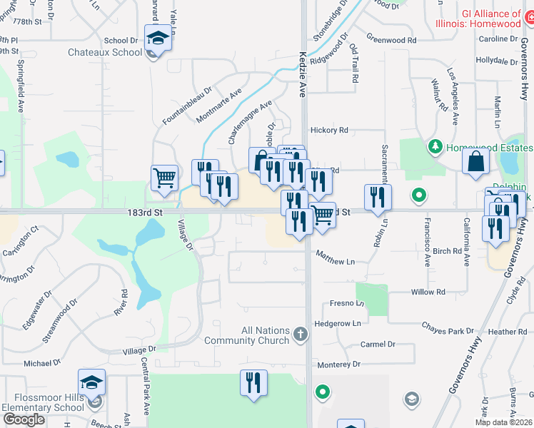 map of restaurants, bars, coffee shops, grocery stores, and more near 3255 183rd Street in Homewood