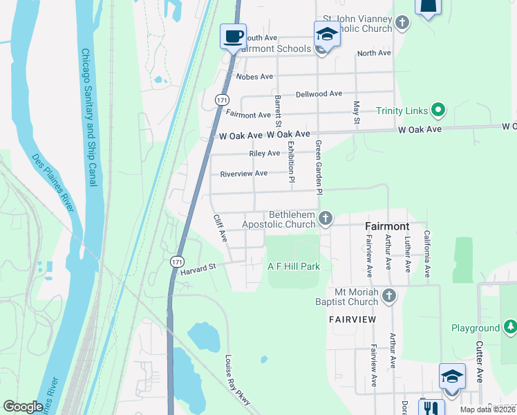 map of restaurants, bars, coffee shops, grocery stores, and more near 210 Barry Avenue in Lockport