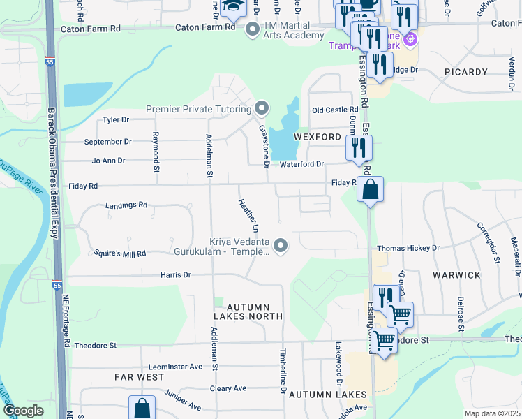 map of restaurants, bars, coffee shops, grocery stores, and more near 1926 Heather Lane in Joliet