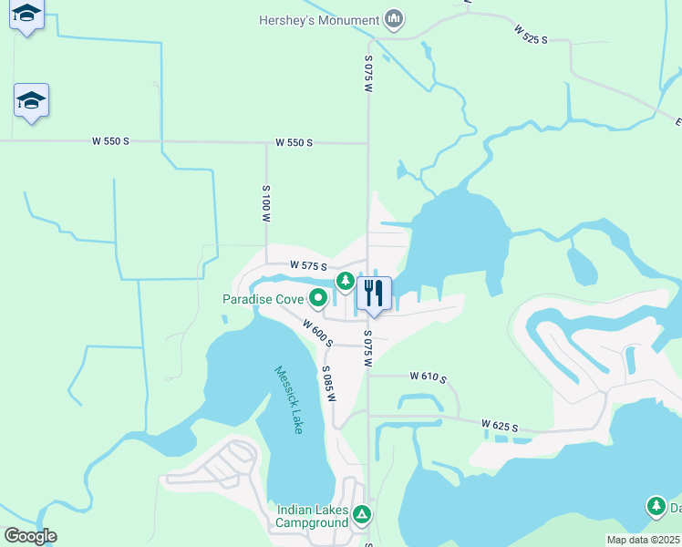 map of restaurants, bars, coffee shops, grocery stores, and more near 825 West 575 South in Wolcottville