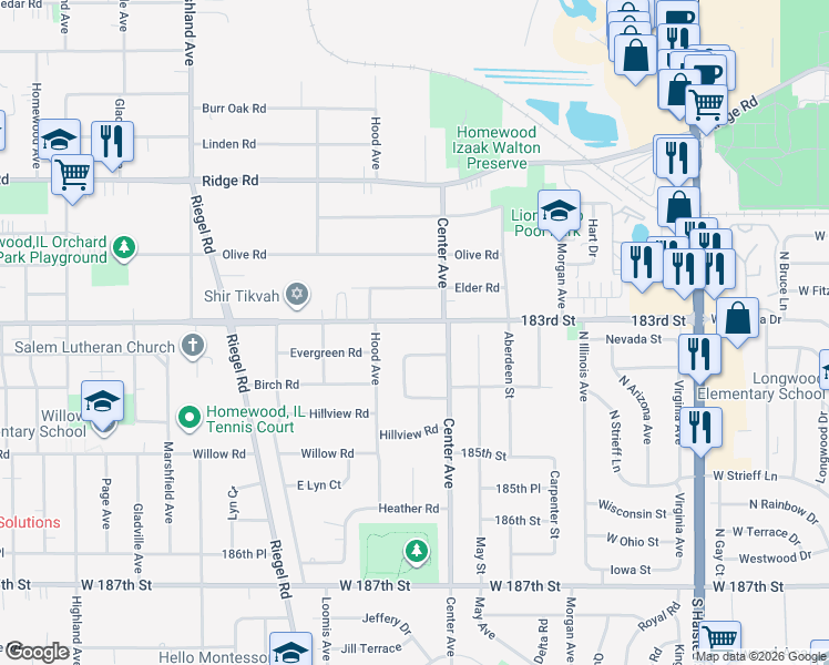 map of restaurants, bars, coffee shops, grocery stores, and more near 1204 183rd Street in Homewood