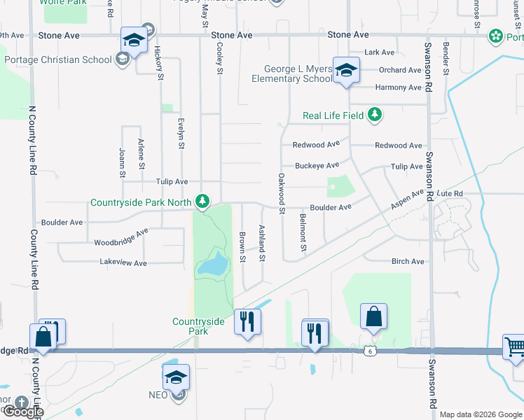 map of restaurants, bars, coffee shops, grocery stores, and more near 5358-5378 Boulder Ave in Portage