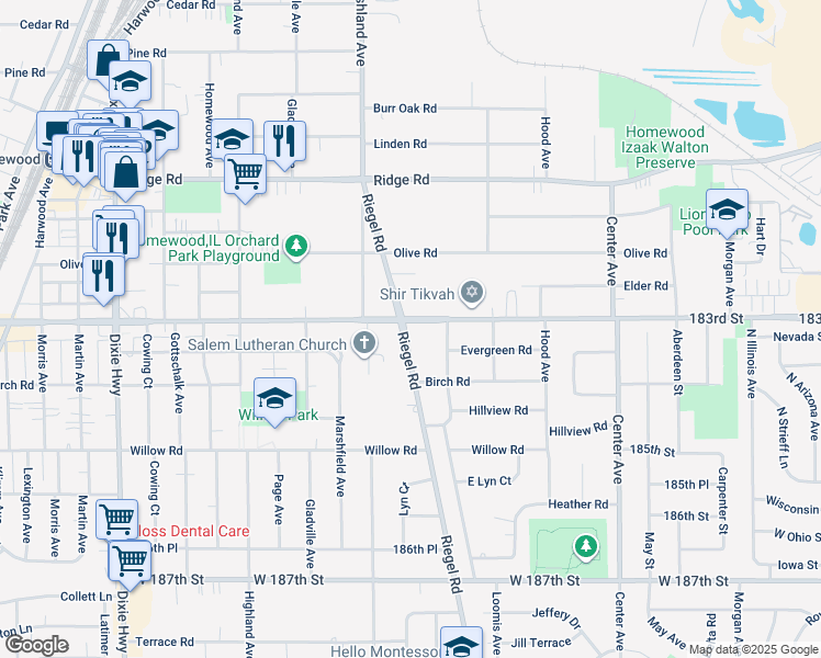 map of restaurants, bars, coffee shops, grocery stores, and more near 18309 Riegel Road in Homewood