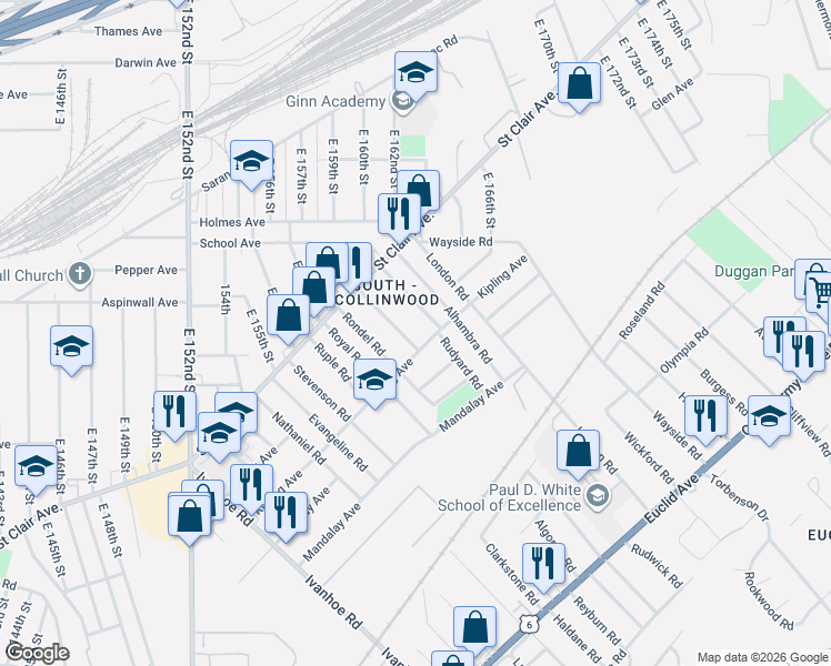 map of restaurants, bars, coffee shops, grocery stores, and more near 849 Whitcomb Road in Cleveland